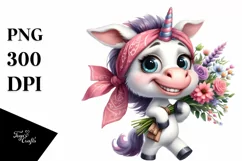 Watercolor Baby Unicorn Standing with Large Flower Bouquet Product Image 3