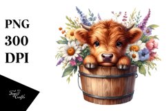 Cute Baby Highland Cow Coming out from a Wood Bucket PNG Product Image 1