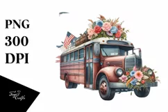 Centered Watercolor Vintage Bus with USA Flag | Clipart Product Image 1