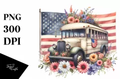 Centered Watercolor Vintage Bus with USA Flag | Clipart Product Image 3