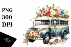 Centered Watercolor Vintage Bus with USA Flag | Clipart Product Image 1