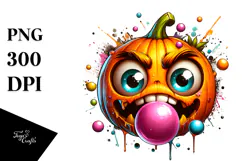 Funny Pumpkin Head with Bubble Gum, Vibrant PNG Product Image 1