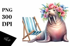 Young Walrus with Flower Wreath on Beach Chair | Clipart Product Image 1