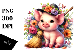 Baby Pig with Flowers and Broom Drawing | Clipart Product Image 1