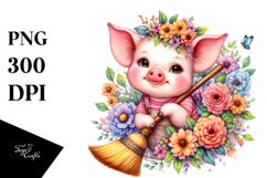 Baby Pig with Flowers and Broom Drawing | Clipart Product Image 1