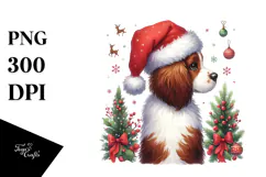 Watercolor Brittany with Santa Hat, Transparent PNG Product Image 1