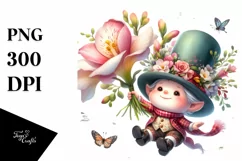 Watercolor Gnome with Freesia | Sublimation Clipart Product Image 1