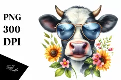 Cow Watercolor Cow Portrait with Sunglasses Product Image 1
