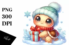 Cute Winter Baby Turtle with Present PNG Product Image 1