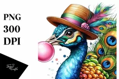 Colorful Peacock Blowing Chewing Gum | Clipart Product Image 3
