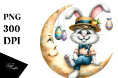 Bunny with Goofy Haircut Sitting on Half Moon, Watercolor Product Image 1