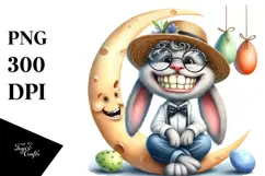 Bunny with Goofy Haircut Sitting on Half Moon, Watercolor Product Image 1