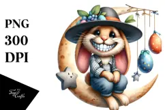 Bunny with Goofy Haircut Sitting on Half Moon, Watercolor Product Image 1