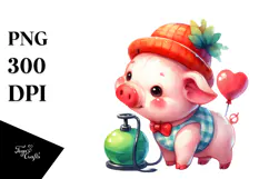 Simple Vibrant Drawing of Baby Pig With Pumpkin | Product Image 1