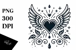 Simple Tattoo Style Heart with Wings PNG Product Image 1