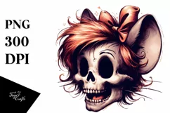 Retro Skull with Hair and Bow, PNG Product Image 1