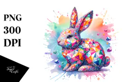 Colorful Bunny Made of Diamonds on Splashy Background, PNG Product Image 1