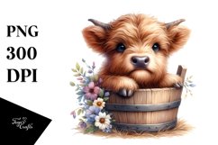 Cute Baby Highland Cow Coming out from a Wood Bucket PNG Product Image 3