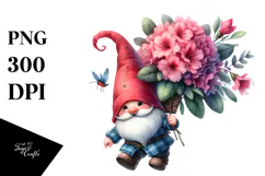 Gnome Floating with Large Rhododendron, PNG Product Image 1