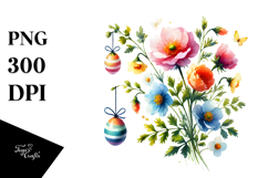 Watercolor Digital Flower &amp; Easter Eggs, PNG Product Image 1