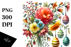 Watercolor Digital Flower &amp; Easter Eggs, PNG Product Image 1