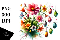 Watercolor Digital Flower & Easter Eggs, PNG Product Image 1