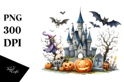 Funny Halloween Clipart with Castle PNG Product Image 1