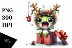 cute Watercolor Frog with Reindeer Horns and Gift Box Product Image 1