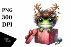 cute Watercolor Frog with Reindeer Horns and Gift Box Product Image 1