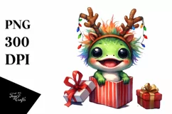 cute Watercolor Frog with Reindeer Horns and Gift Box Product Image 3
