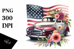 Centered Watercolor Car with Zinnia and USA Flag Product Image 3