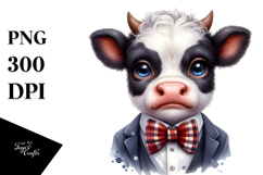 Funny Baby Cow with Bow and Tie Watercolor PNG Product Image 1