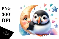 Smiling Baby Puffin with Moon PNG Product Image 1