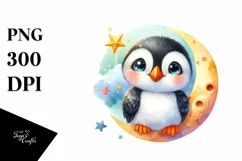 Cute Colorful Baby Puffin Moon Stars Clipart Product Image 1