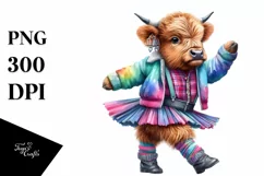 Baby Highland Cow in Modern Dancer's Outfit, Watercolor PNG Product Image 1