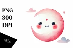 Whimsical Pinkish Smiling Moon Watercolor PNG Product Image 1