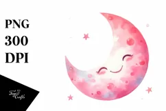 Whimsical Pinkish Smiling Moon Watercolor PNG Product Image 1