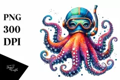 Colorful Octopus Scuba Helmet Watercolor Sublimation Product Image 1