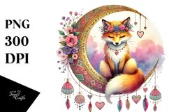 Whimsical Fox on Half Moon, Watercolor PNG Product Image 1