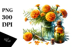 Watercolor Bottle Filled with Marigold and Cosmos | Product Image 1