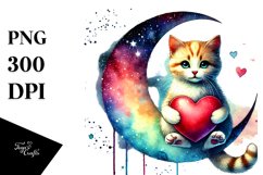 Colorful Cat Sitting on Half Moon Holding a Heart PNG Product Image 1