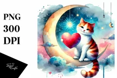 Colorful Cat Sitting on Half Moon Holding a Heart PNG Product Image 1