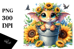 Cute Baby Dragon with Sunflower PNG Product Image 1