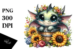 Cute Baby Dragon with Flowers PNG Product Image 1