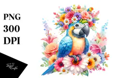 Cartoon Macaw with Flower Crown | Sublimation | Clipart Product Image 1