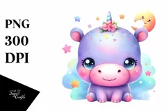 Cute Colorful Baby Hippo Moon Stars Clipart Product Image 3