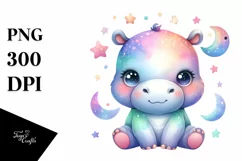 Cute Colorful Baby Hippo Moon Stars Clipart Product Image 3