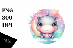 Cute Colorful Baby Hippo Moon Stars Clipart Product Image 1