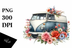 Watercolor Vintage Van with Flowers Clipart Product Image 3