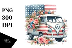 Watercolor Vintage Van with Flowers Clipart Product Image 1